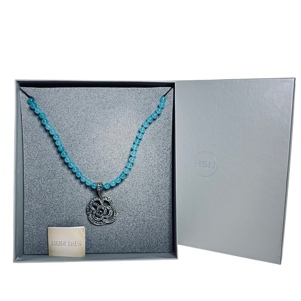 Heidi Daus Blue Beaded Necklace With Swarovski Crystal Rose Pendant (6009)